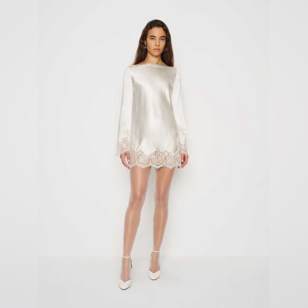 Reformation White Satin Dress With Lace Trim